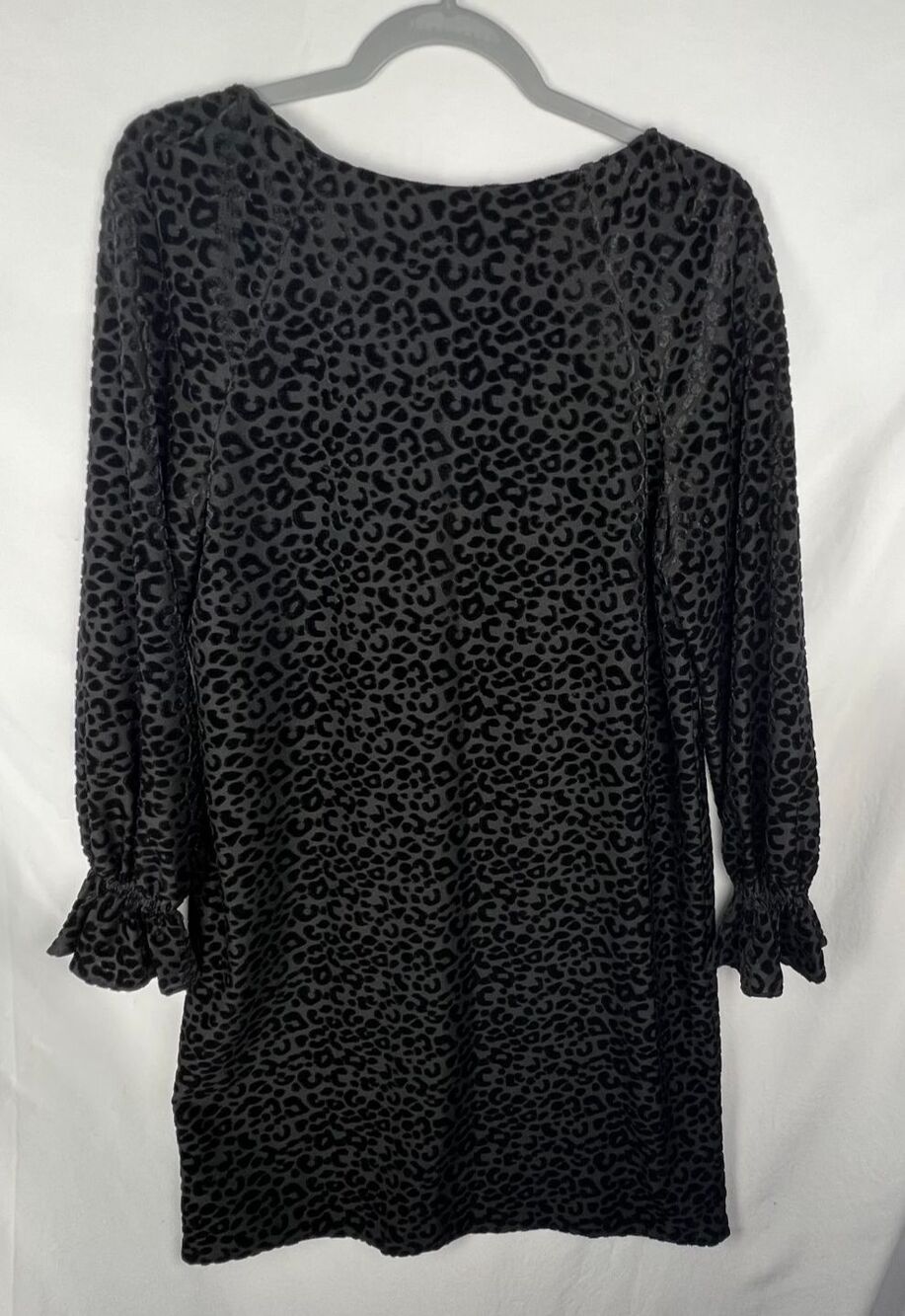 NINE WEST Size 8 Black Leopard Velvet Burnout Dress Long Sleeve Ruffle Shift - Picture 7 of 12